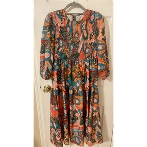 Sunday Up Blissfully Orange Mini Dress Womens Sz Medium Floral Eclectic Artsy
